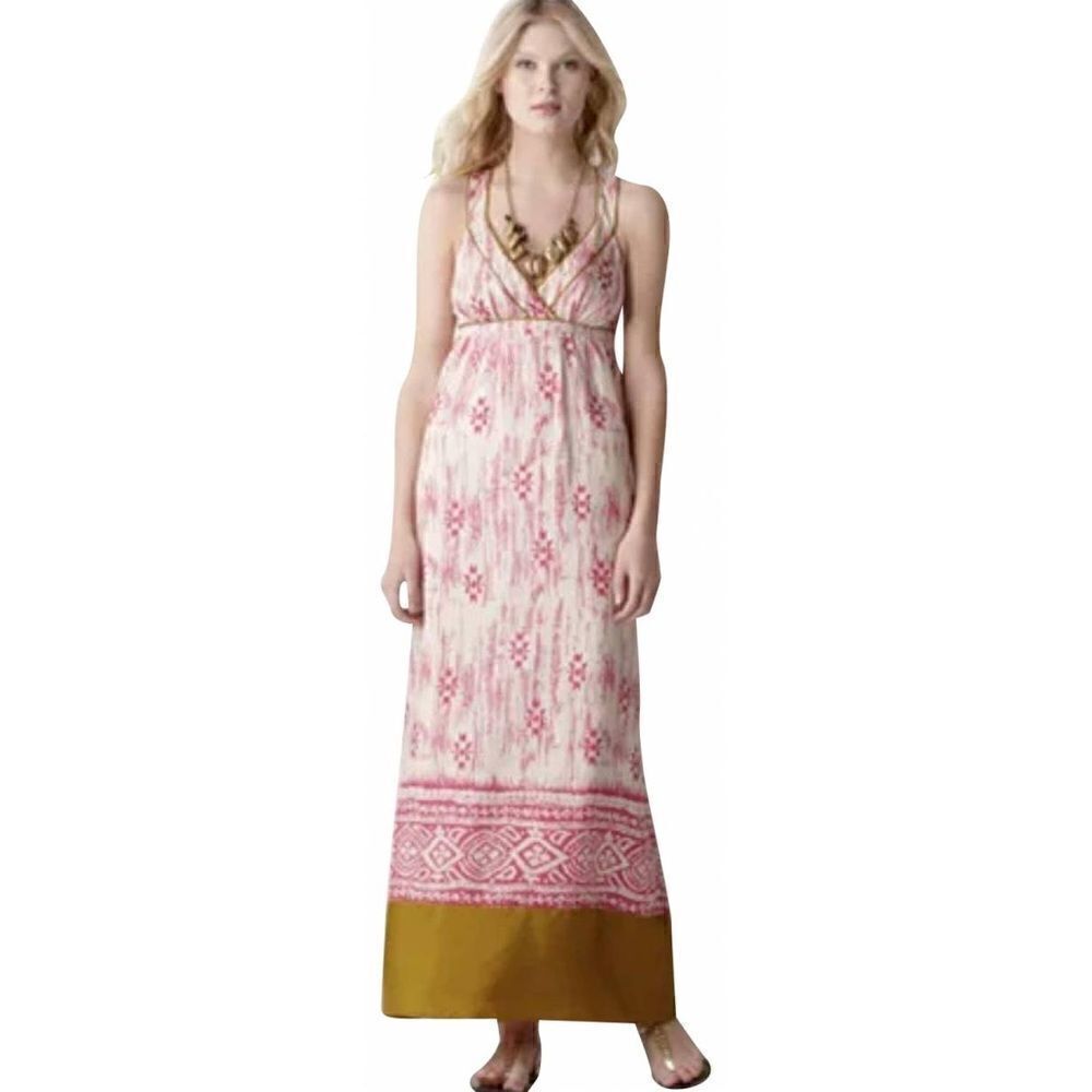 Ann Taylor LOFT 100% Silk tribal maxi cris cross halter Pink, White, & moss Sz 0